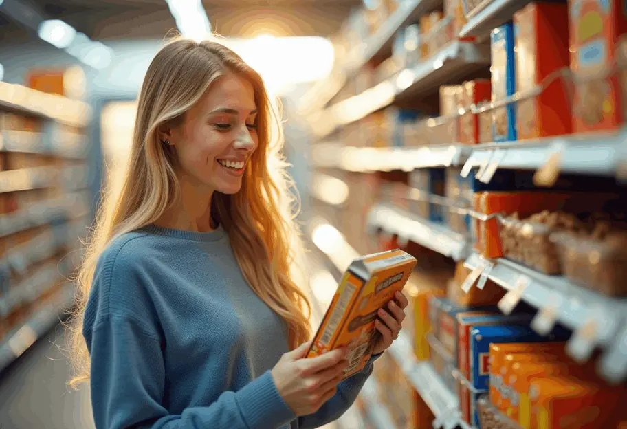 mujer caucasica sonriendo tiene un packaging de alimentos en sus manos y lo esta mirando en el supermercado